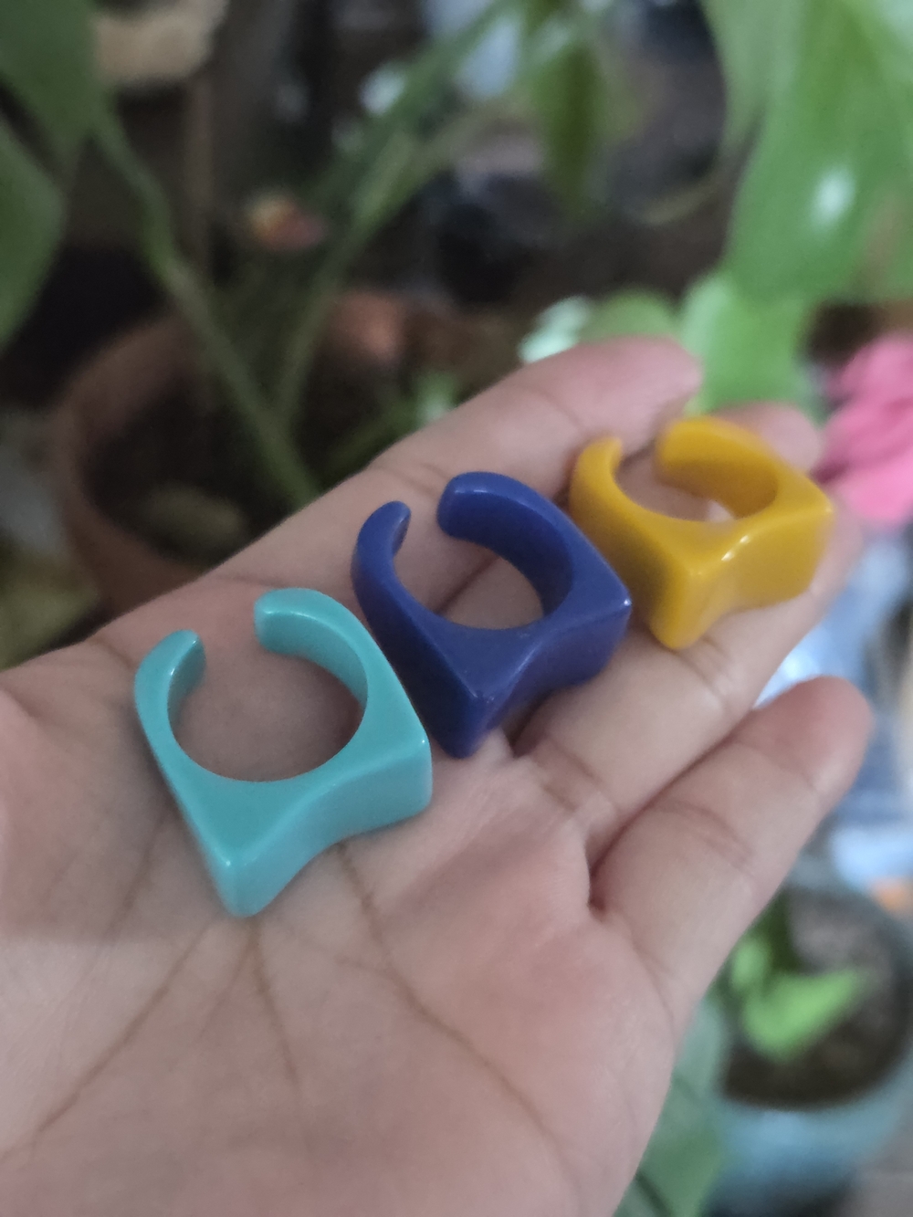 Colorful Kids Square Plastic Ring Trio — Turquoise, Blue & Yellow
